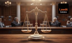 Brass scales of justice in a courtroom, with blurred figures of lawyers in the background.